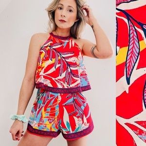 Flying Tomato - Floral Retro Print Halter Romper - Size L